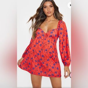Prettylittlething Women’s Orange Floral Print Puff Sleeve Smock Dress Size 10